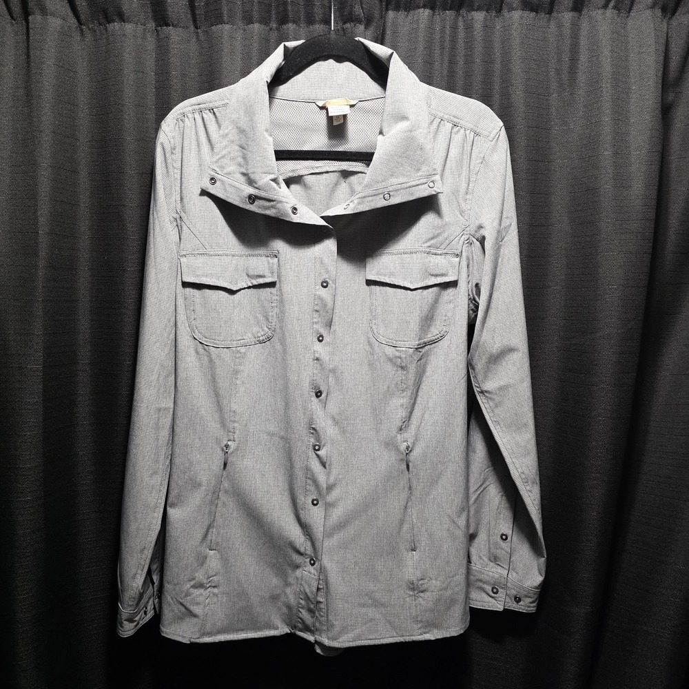 Duluth Trading Co Women Jacket L Gray Snap Button Roll Tab Long Sleeves